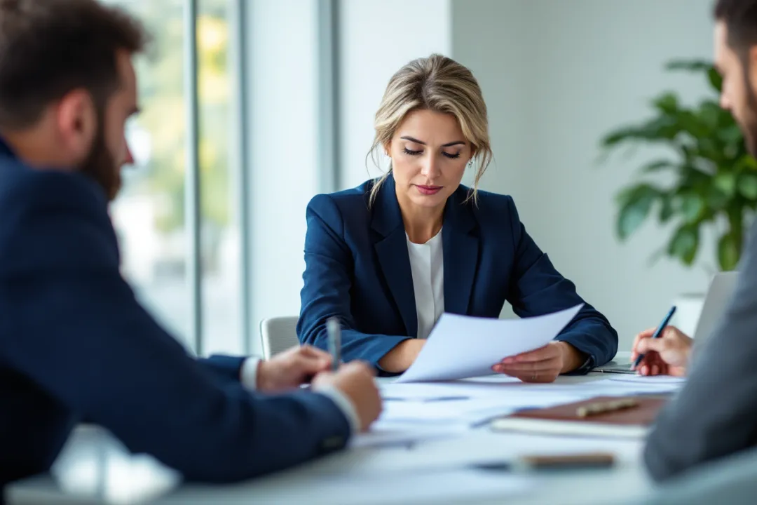 Woman executive in her 50s leading a focused evaluation session with two colleagues at a modern conference table