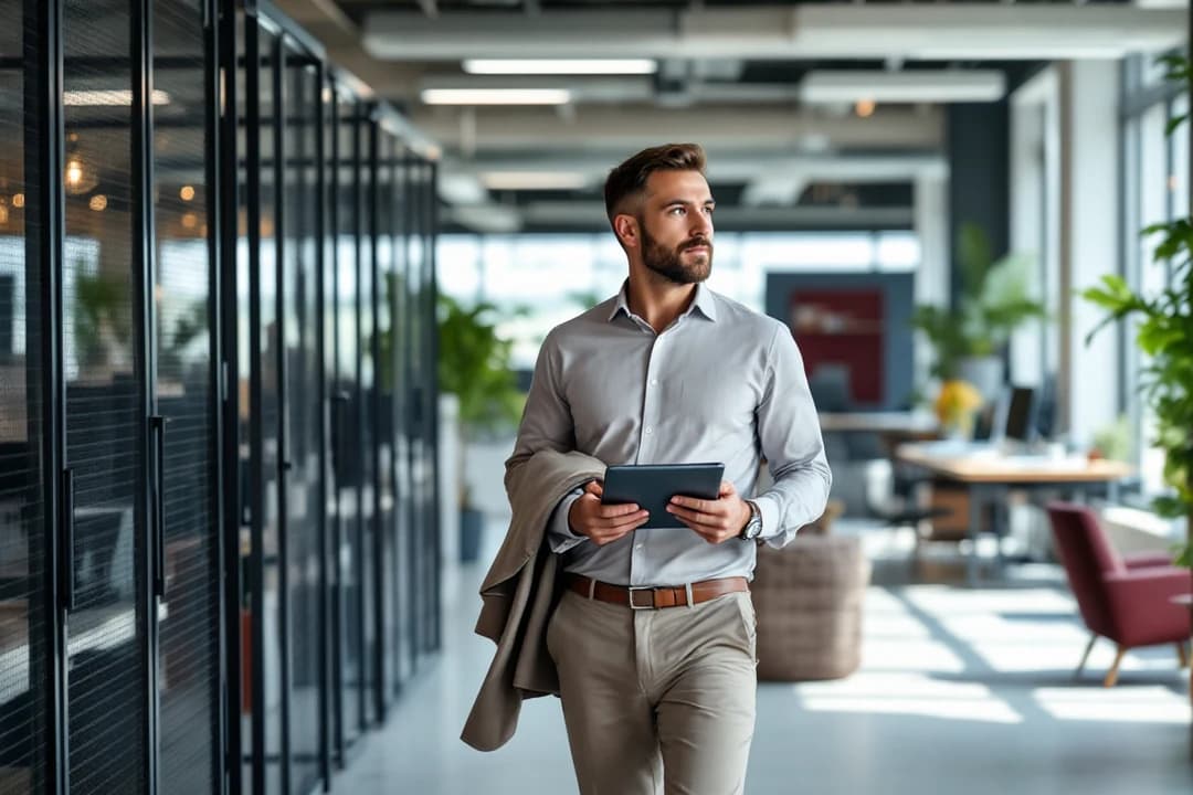 An operations leader walks through a modern open-plan workspace holding a tablet and a jacket