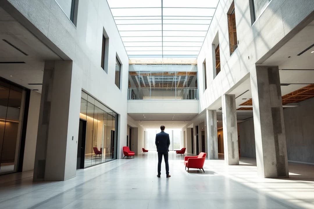A person stands at the center of a bright modern atrium, a finished hallway on one side and an unfinished concrete space on the other