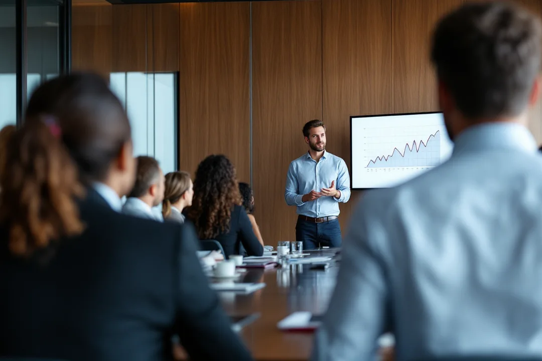 A lead advisor in business casual presenting an AI plan to a diverse leadership team around a boardroom conference table in a modern office