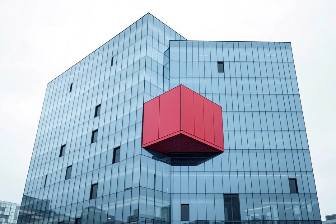 A glass office building with a bright red cube-shaped module bolted awkwardly onto its side