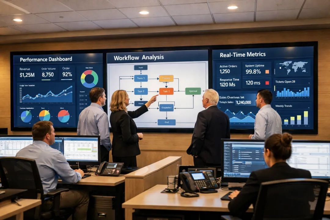 Team of professionals in a corporate operations center reviewing workflow analysis and real-time metrics on large digital displays