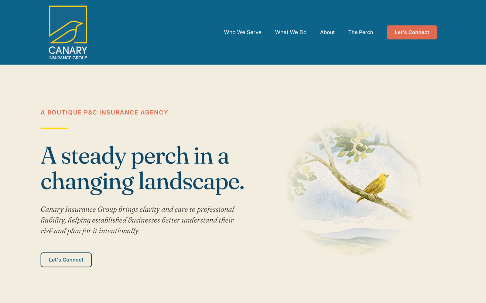 The live Canary Insurance Group homepage: "A steady perch in a changing landscape," with the canary that notices change early.