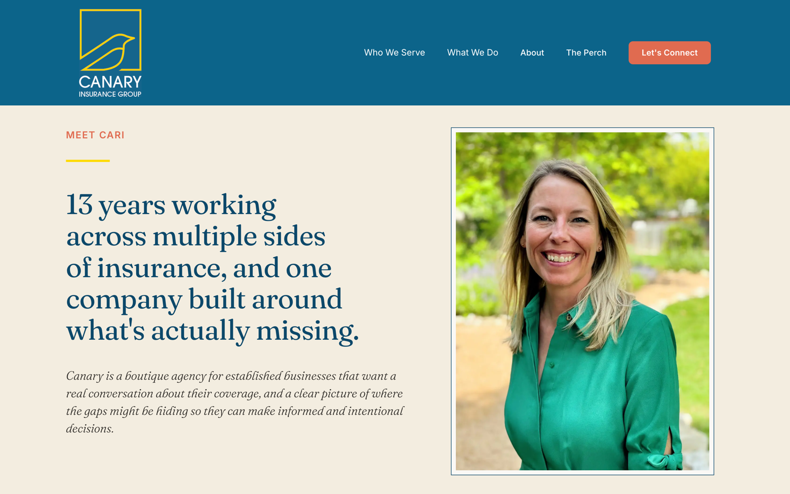 Canary's About page introduces the founder: 13 years across the carrier, broker, and retail sides of insurance.