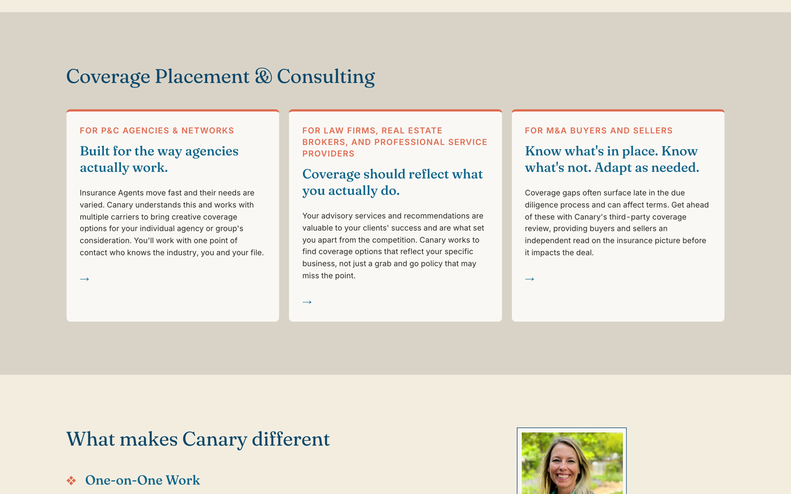 The homepage speaks to three audiences in their own language: P&C agencies, professional service firms, and M&A buyers and sellers.