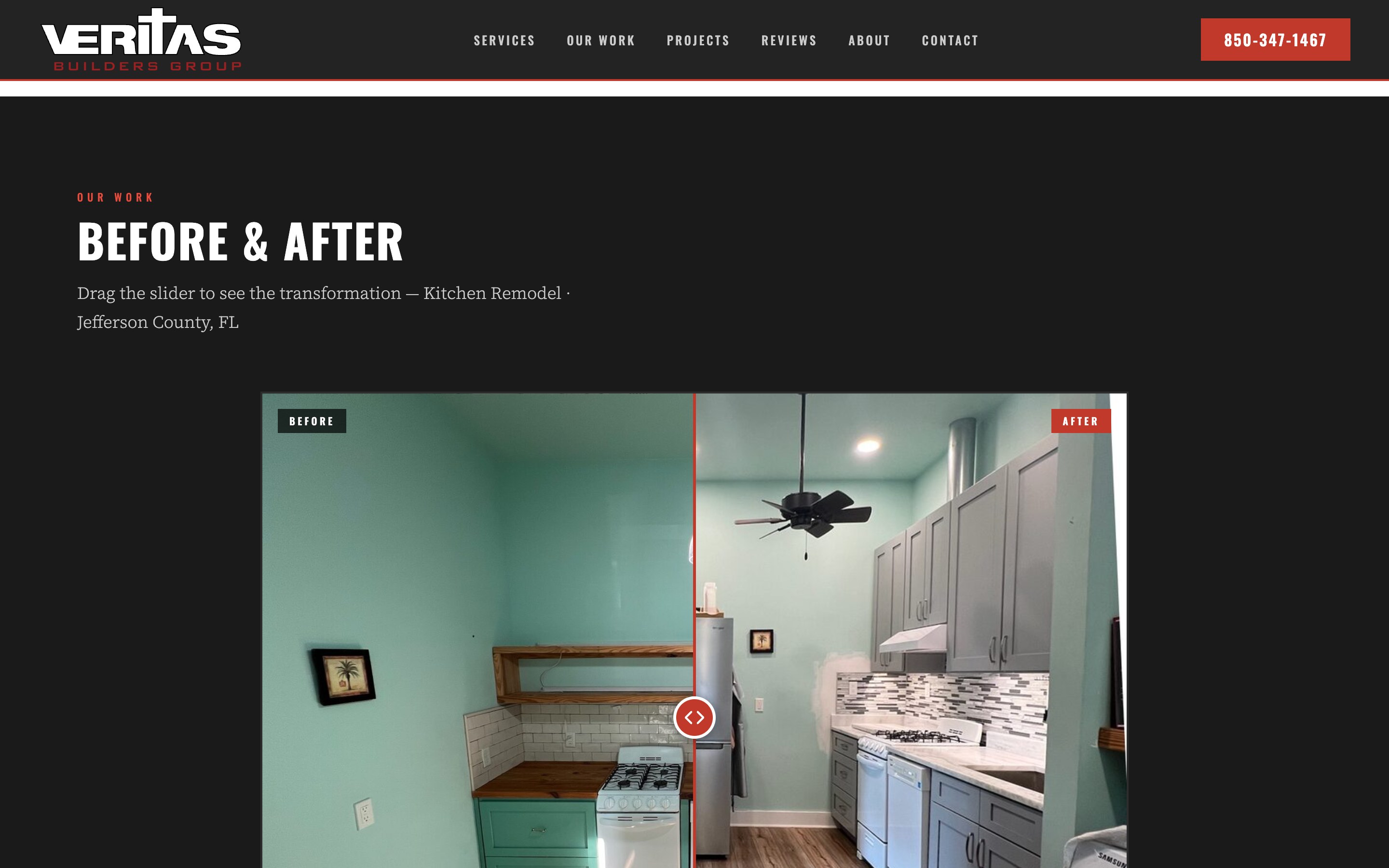 The "Our Work" section of the Veritas Builders Group website, a before-and-after showcase of completed North Florida remodels.